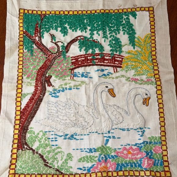 Other - Vintage Hand Embroidered Swan Pond Garden Scene Textile Art Panel Grannycore